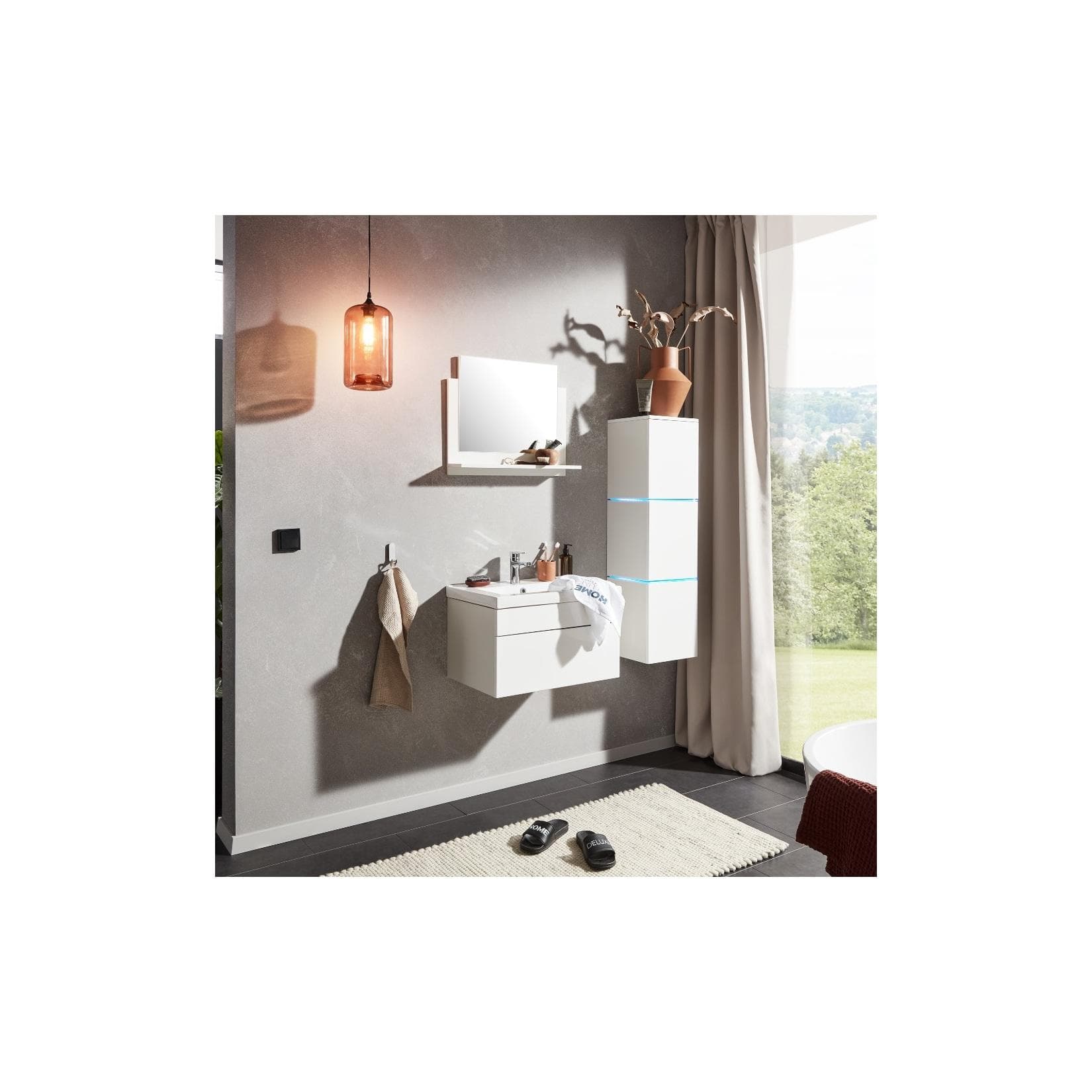 HOME DELUXE Wangerooge Badmöbel-Set Weiß mit Seitenschrank und Spiegel