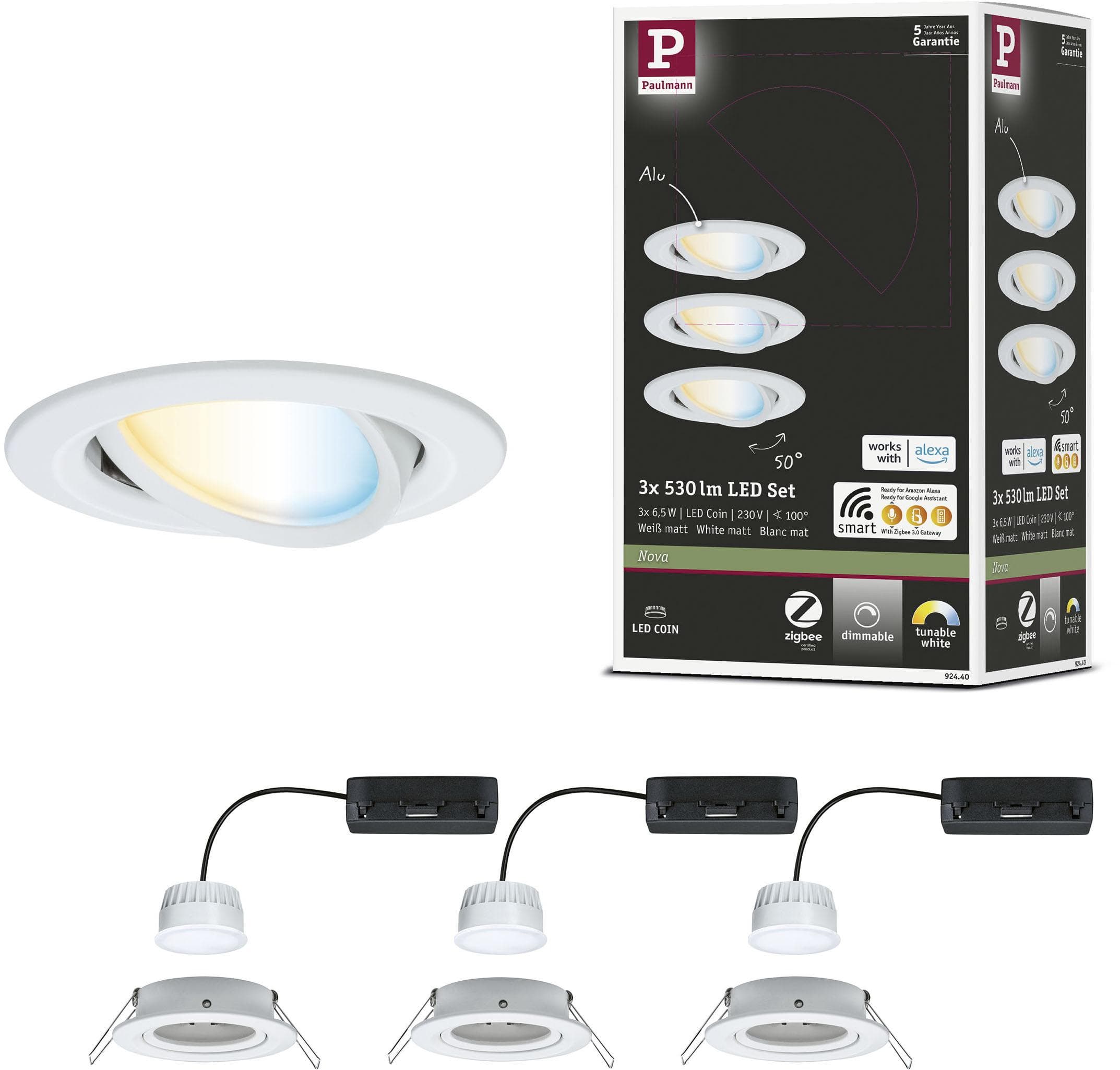 PAULMANN LED Einbauleuchte Nova Coin rund 84mm 50 weiß 3 Stk. Smart Home