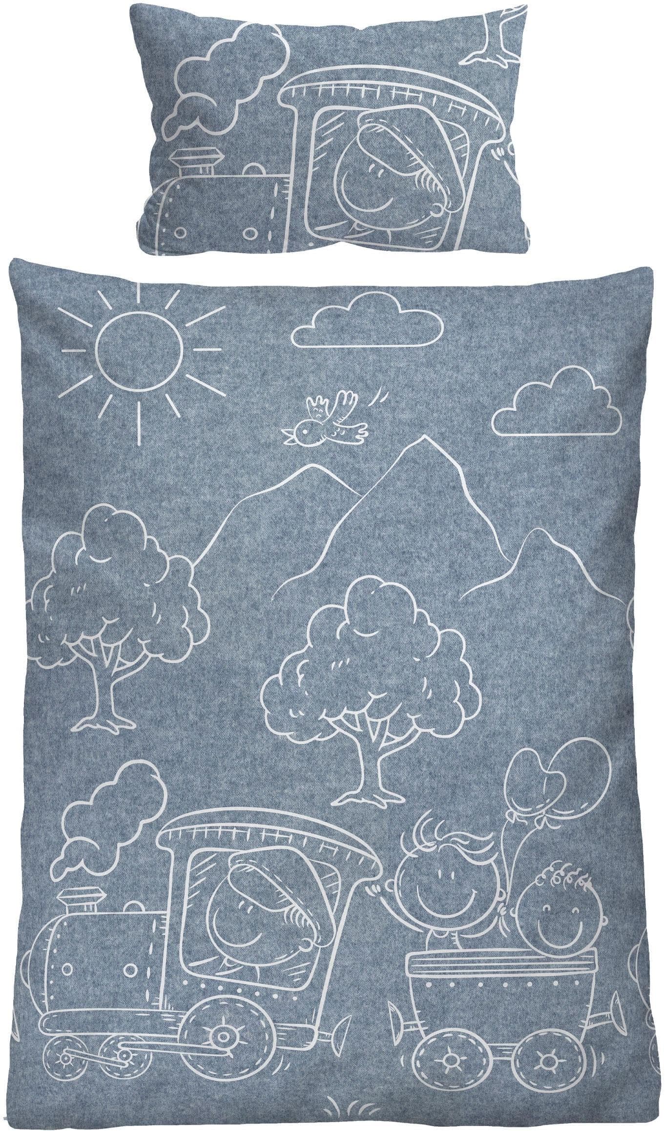 Kinderbettwäsche BIBERNA Blau Eisenbahn-Motiv Flanell