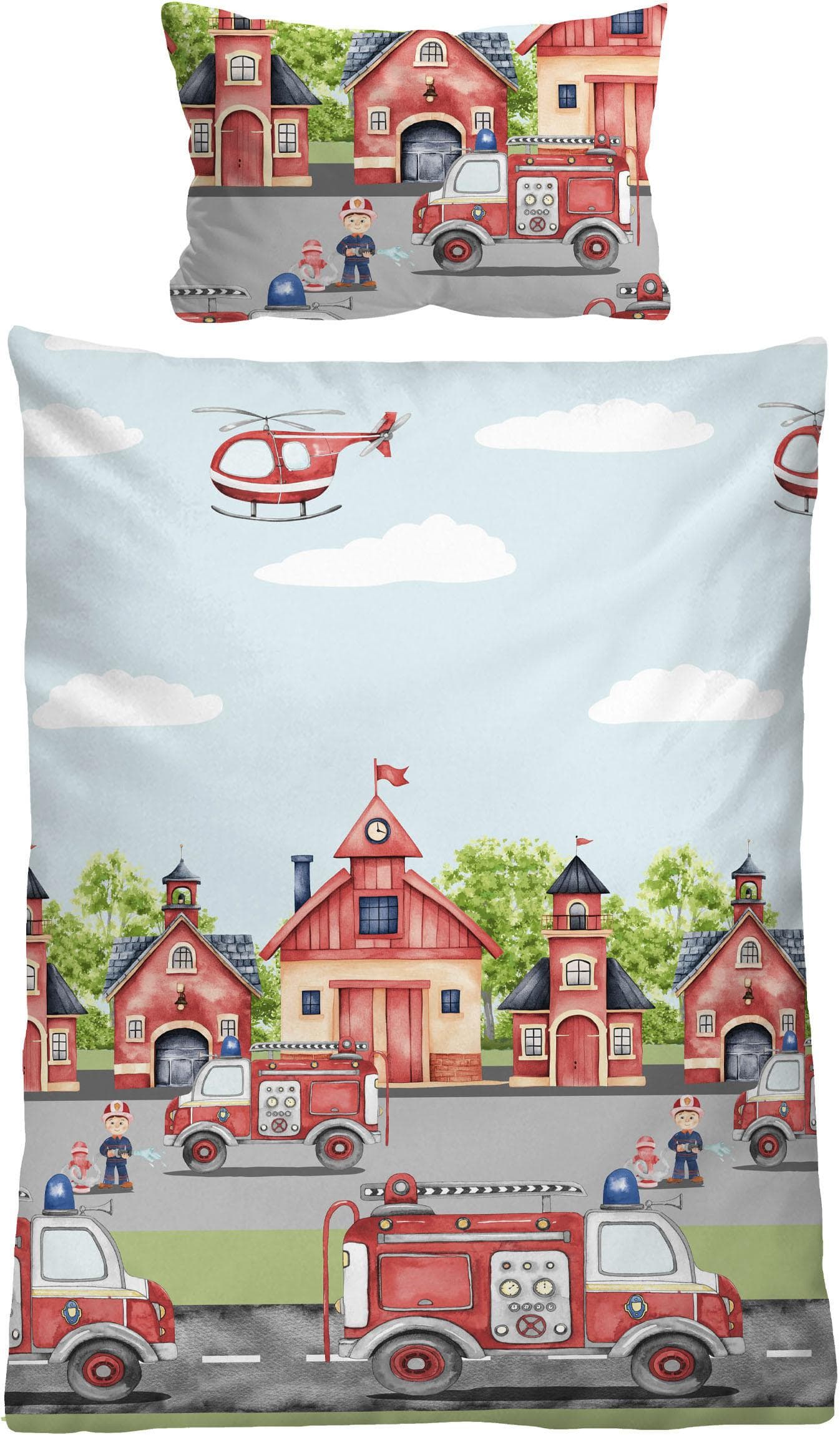 Biberna Kinderbettwäsche Pistaziengrün Feuerwehrmotiv