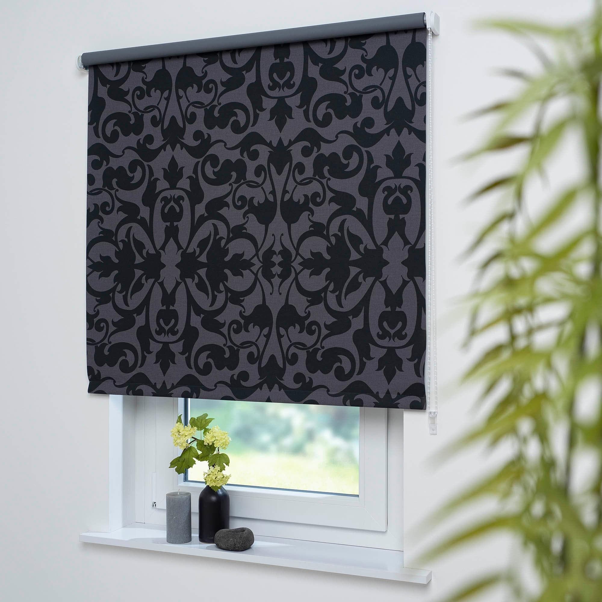 LIEDECO Seitenzugrollo Ornament Grau Schwarz Lichtschutz Verschraubt