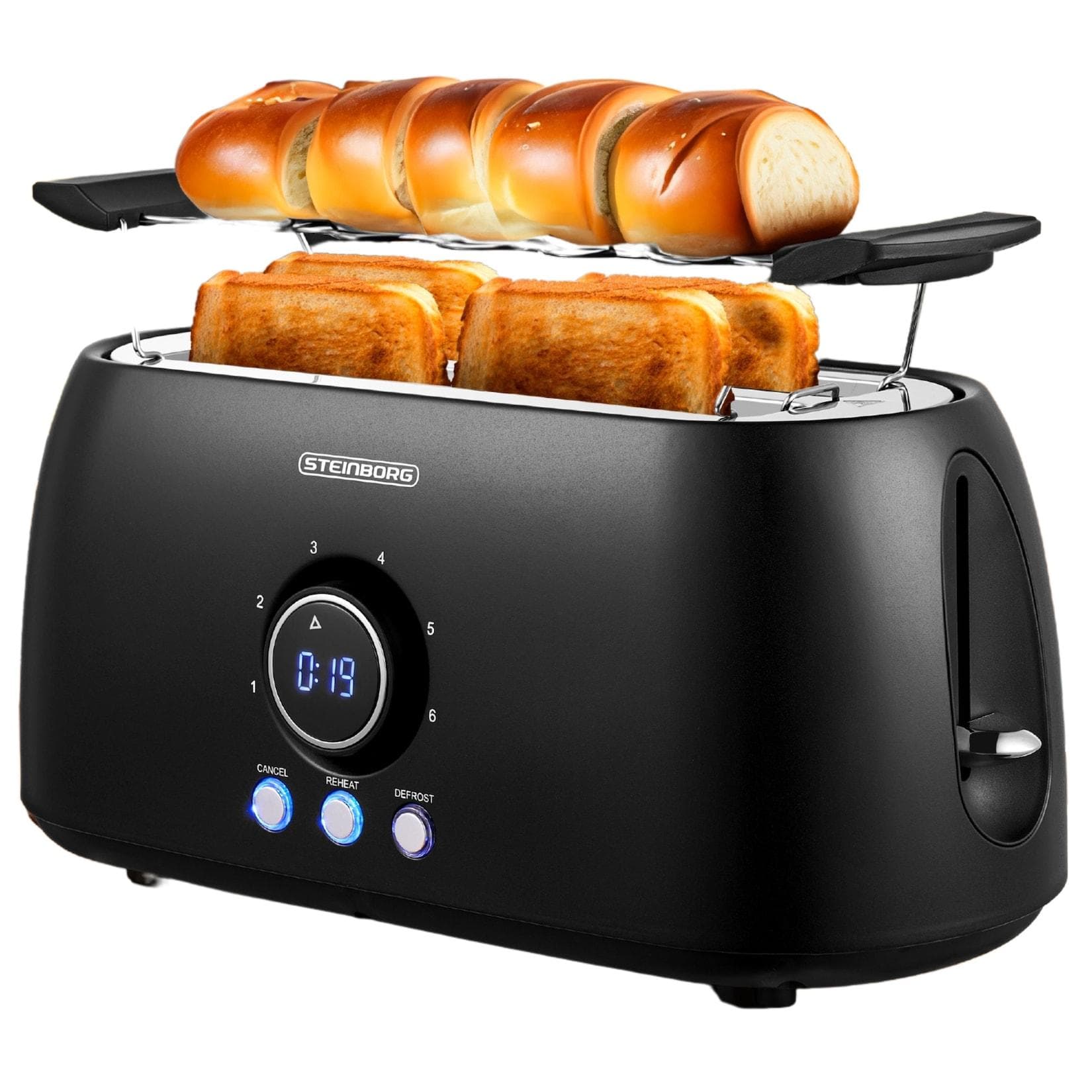 Steinborg 4 Scheiben XXL Toaster Digitales Display mit Brötchenaufsatz