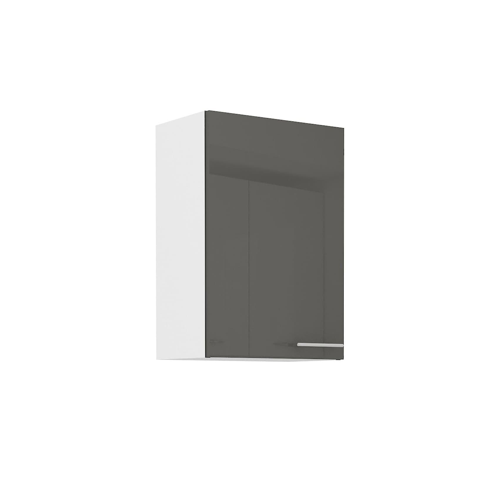 Grauer Hochglanz Hängeschrank mit mattweißen Elementen