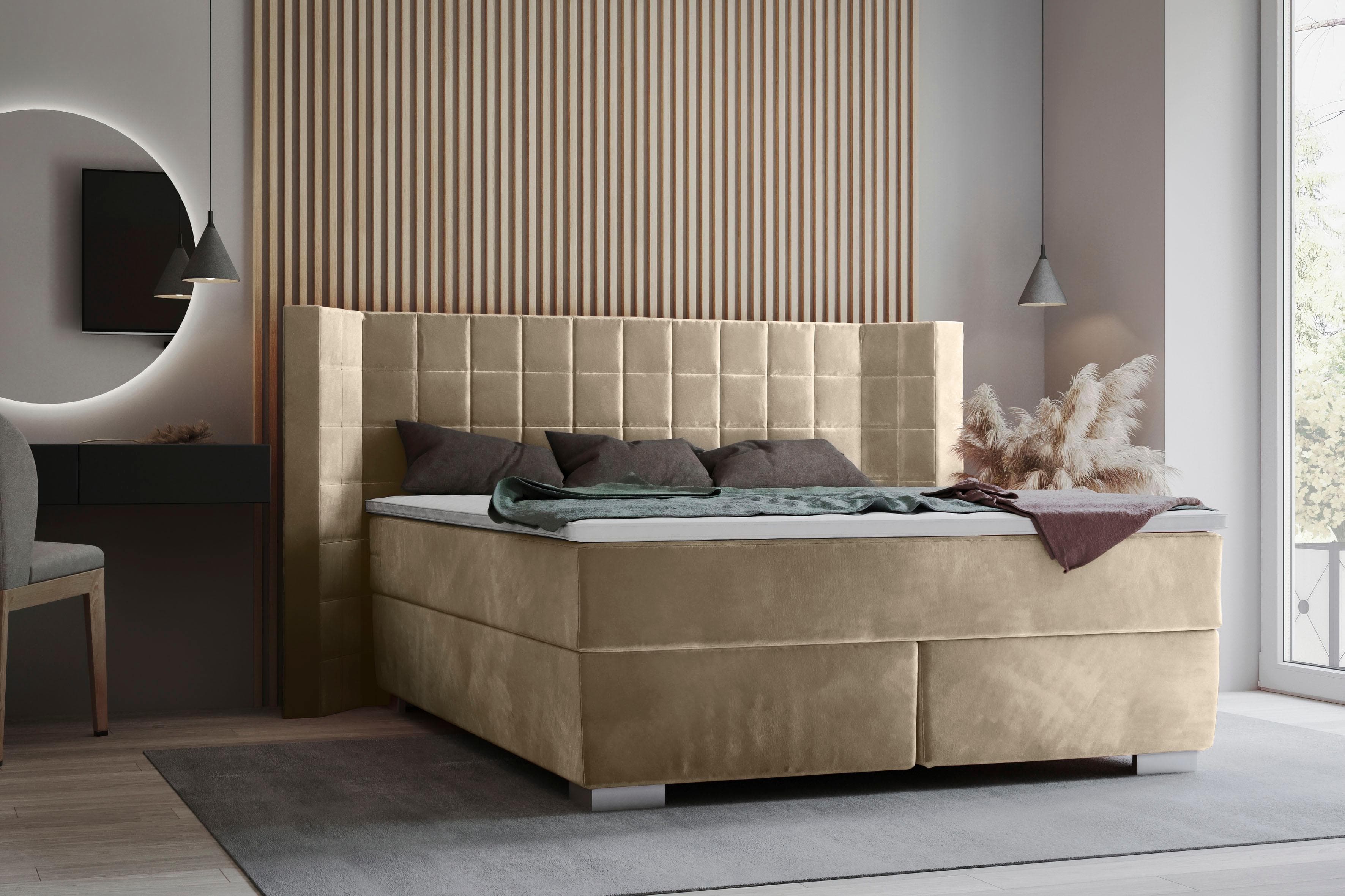 Boxspringbett mit eleganter Steppung und geflügeltem Kopfteil
