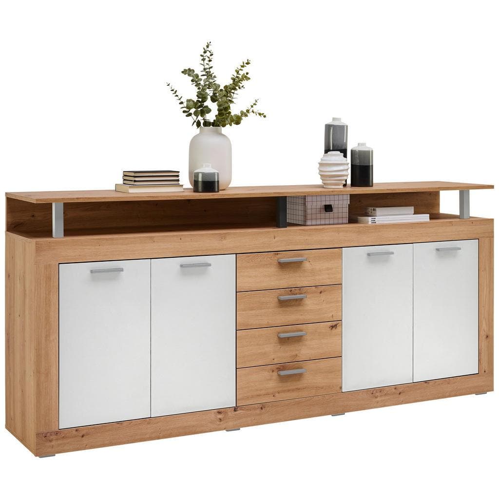 Xora Sideboard Weiß Eiche Artisan Kunststoff 2 Fächer 4 Schubladen
