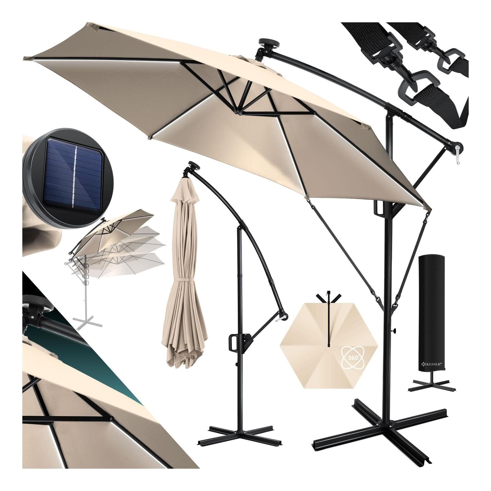 KESSER Ampelschirm Alu LED Solar Abdeckung mit Kurbelvorrichtung