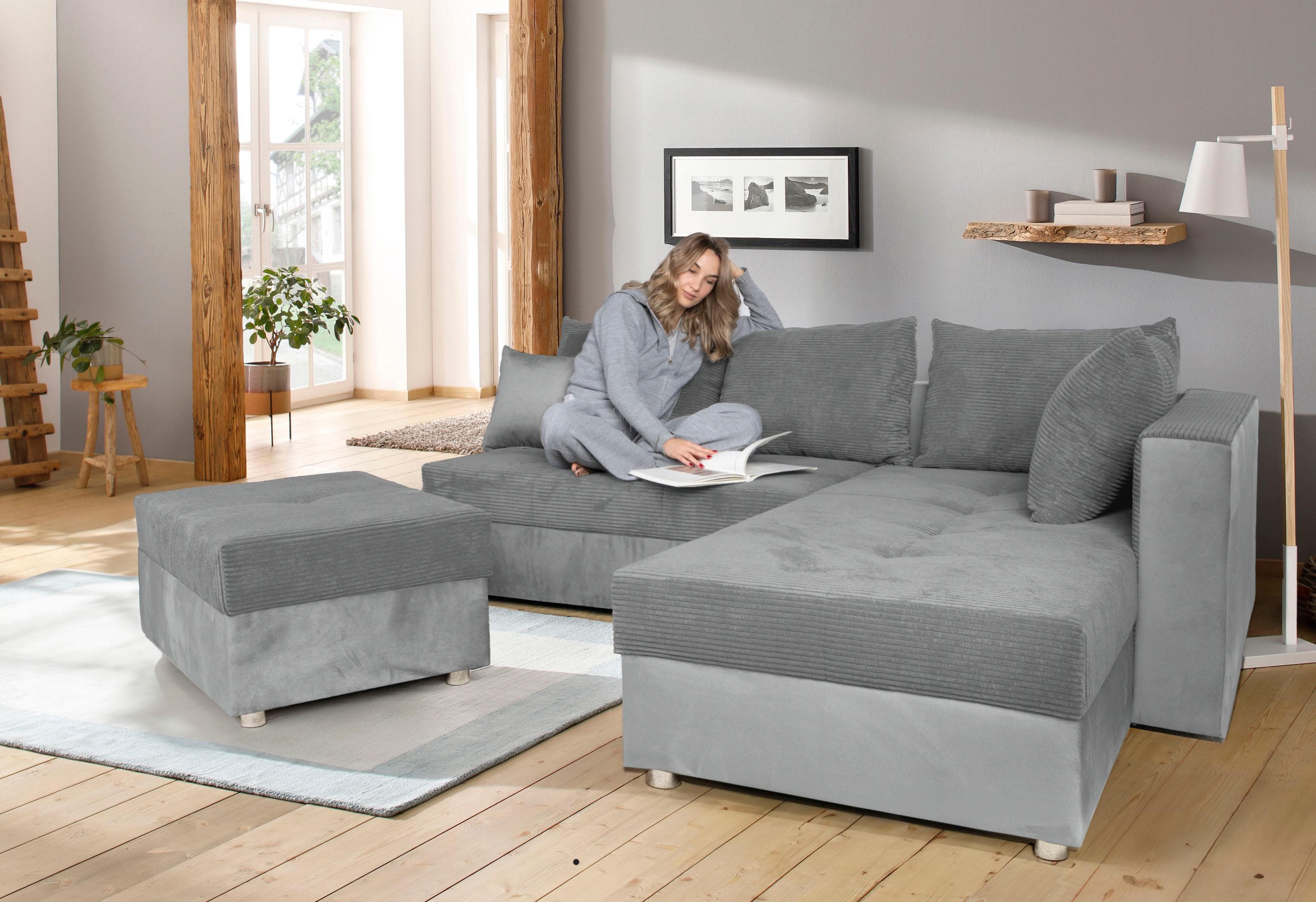 Cord-Samt Ecksofa mit Bettfunktion und Bettkasten