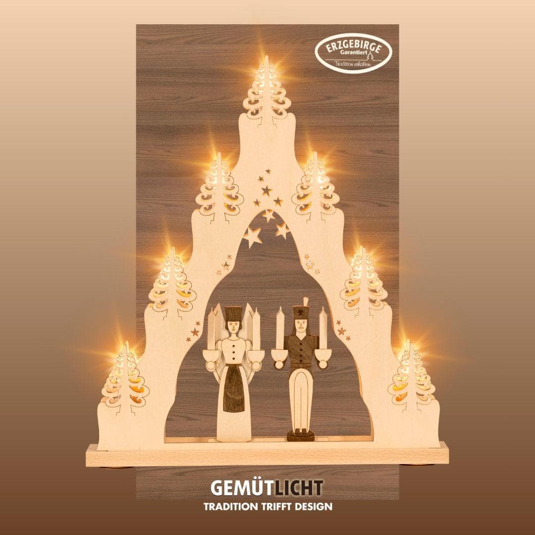 Weigla LED Schwibbogen Engel & Bergmann, Lichterspitze aus Holz, NATUR-BRAUN, Erzgebirge garantiert