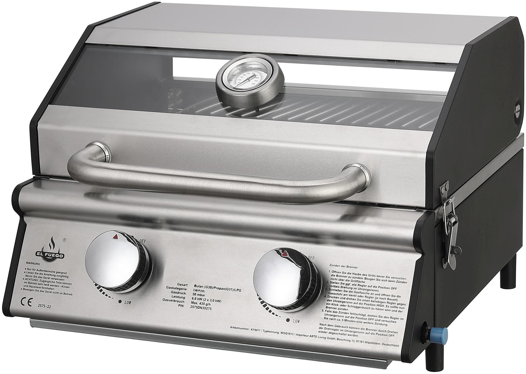 Gasgrill aus Gusseisen, Edelstahl und Glas