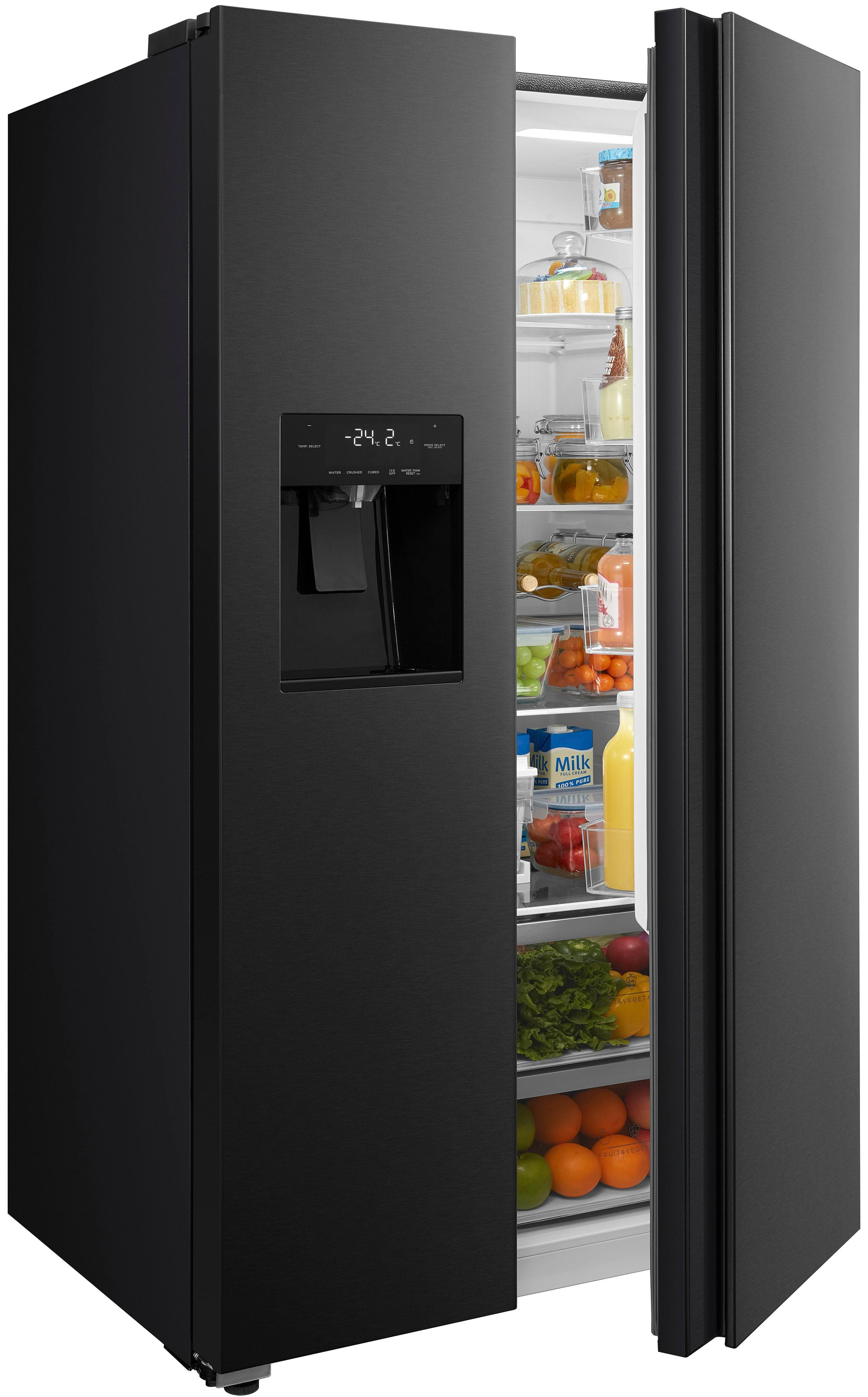 HANSEATIC Side-by-Side Kühlschrank Schwarz mit Eis-, Crushed-Ice- und Wasserspender