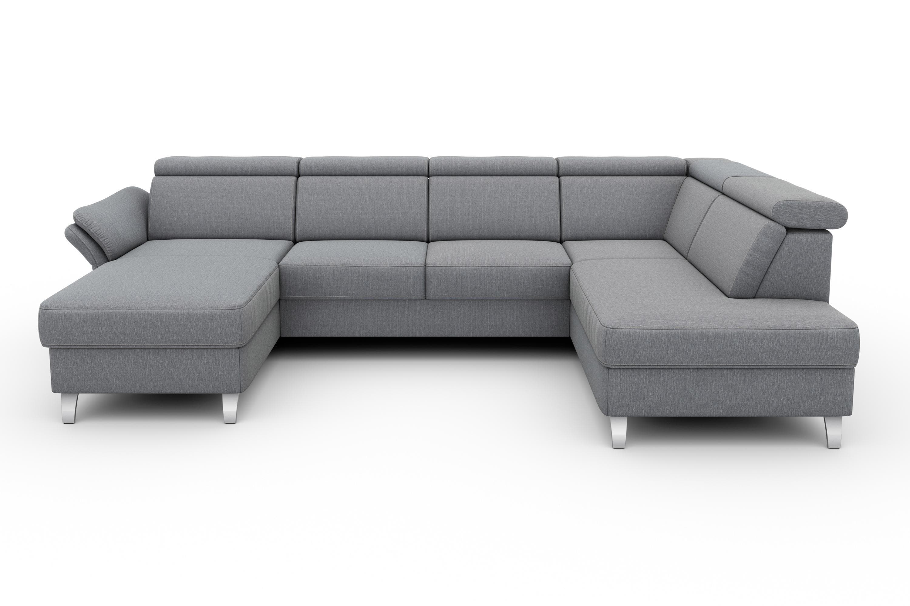 sit&more Vincenzo U-Form Wohnlandschaft: Hellgrau, Federkernpolsterung, Bettfunktion