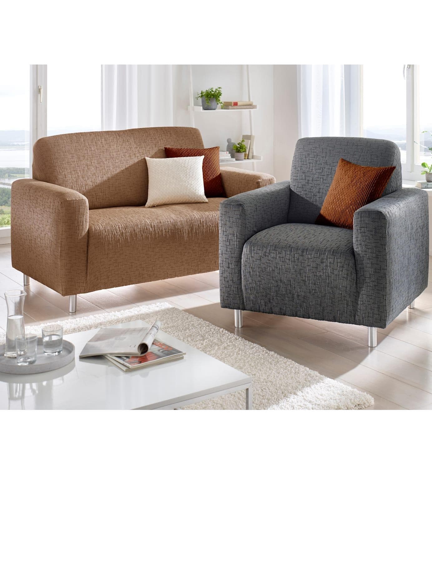 Hussen-Set Gr. 6 Grau Kunstfaser Hussen Stuhlhussen Sofahussen Sesselhussen