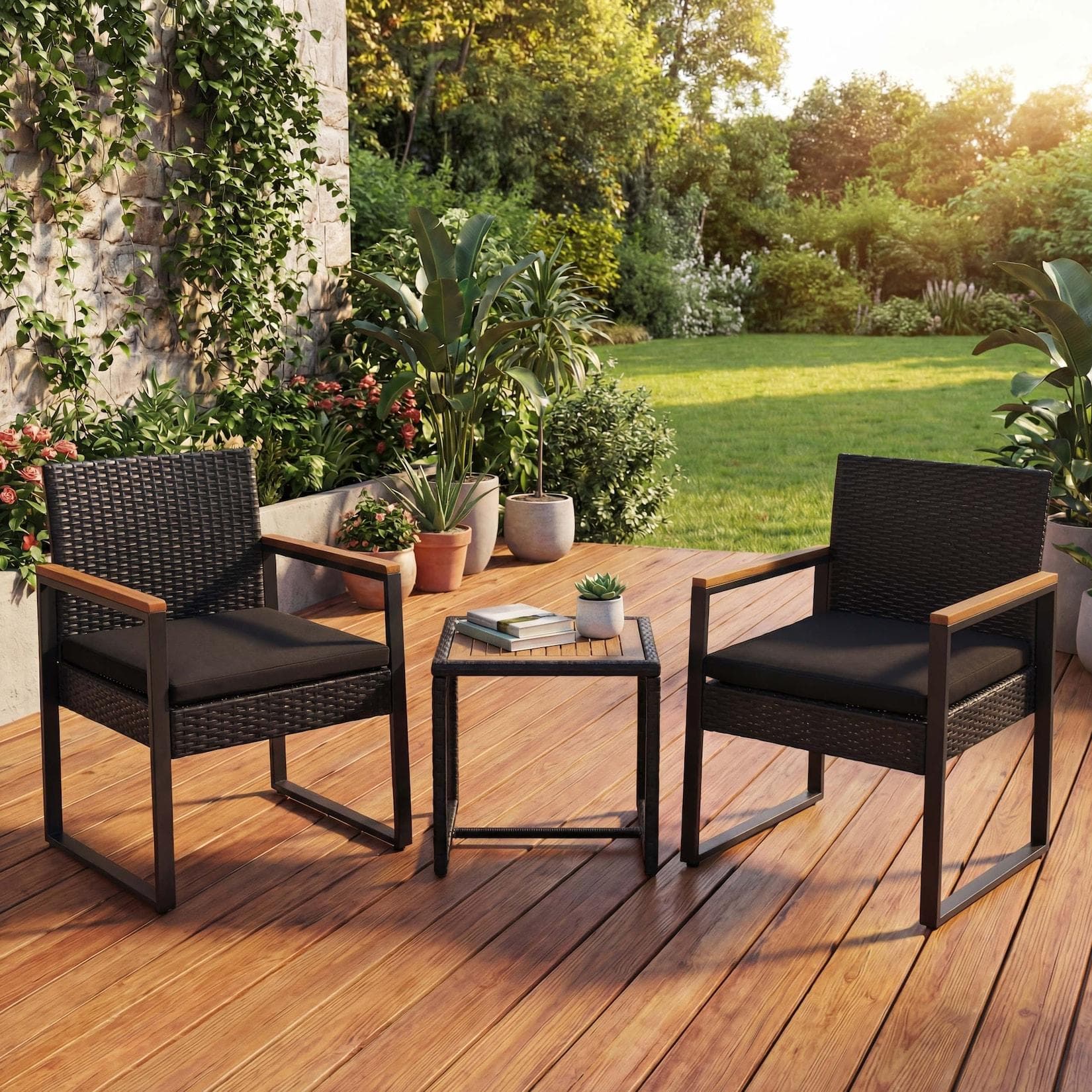 Poly-Rattan Garnitur MCW-P74 Garten Lounge-Set 2x Stuhl Tisch Akazie Holz Stoff Schwarz