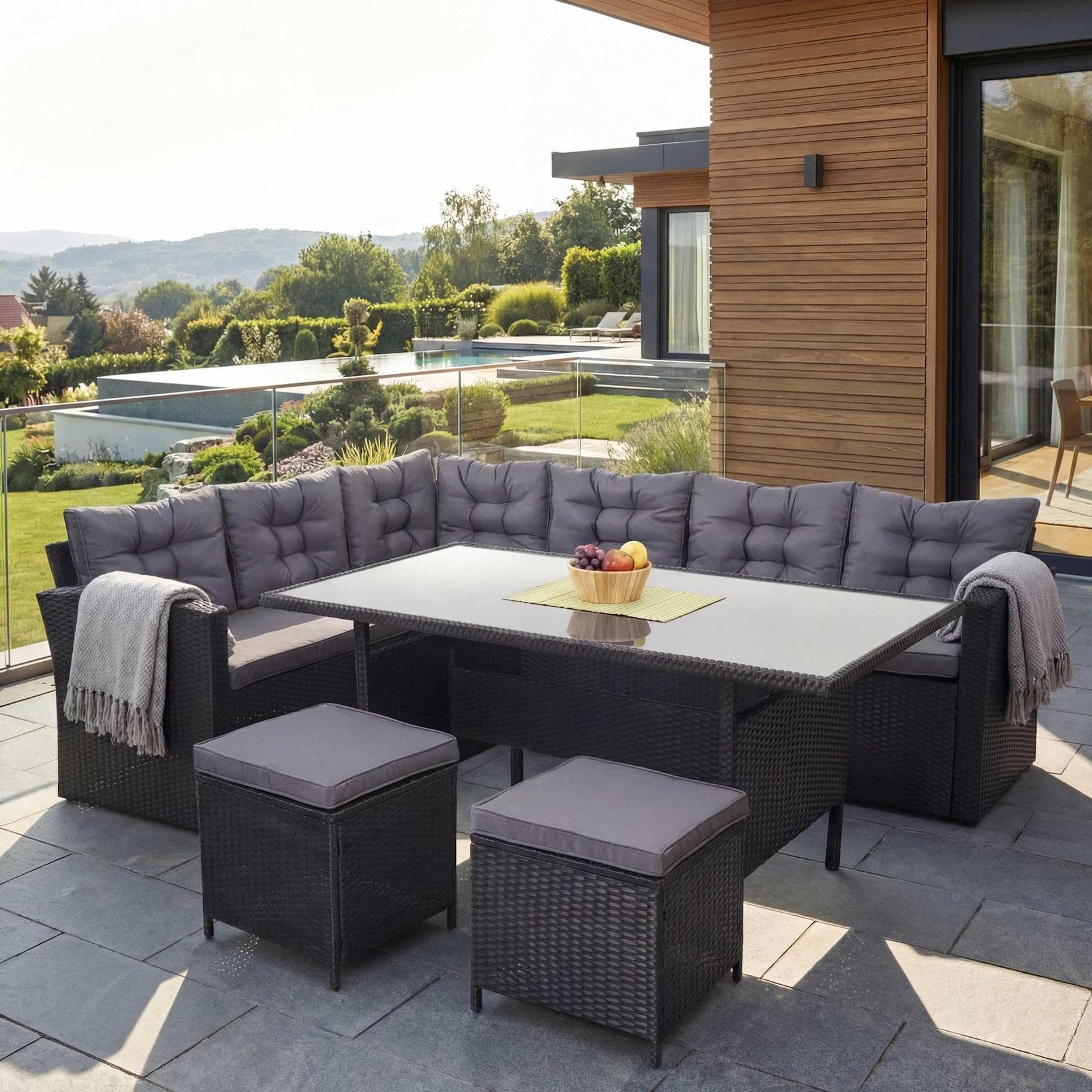 Poly-Rattan-Garnitur MCW-A29, Gartengarnitur Sitzgruppe Lounge-Esstisch-Set, schwarz