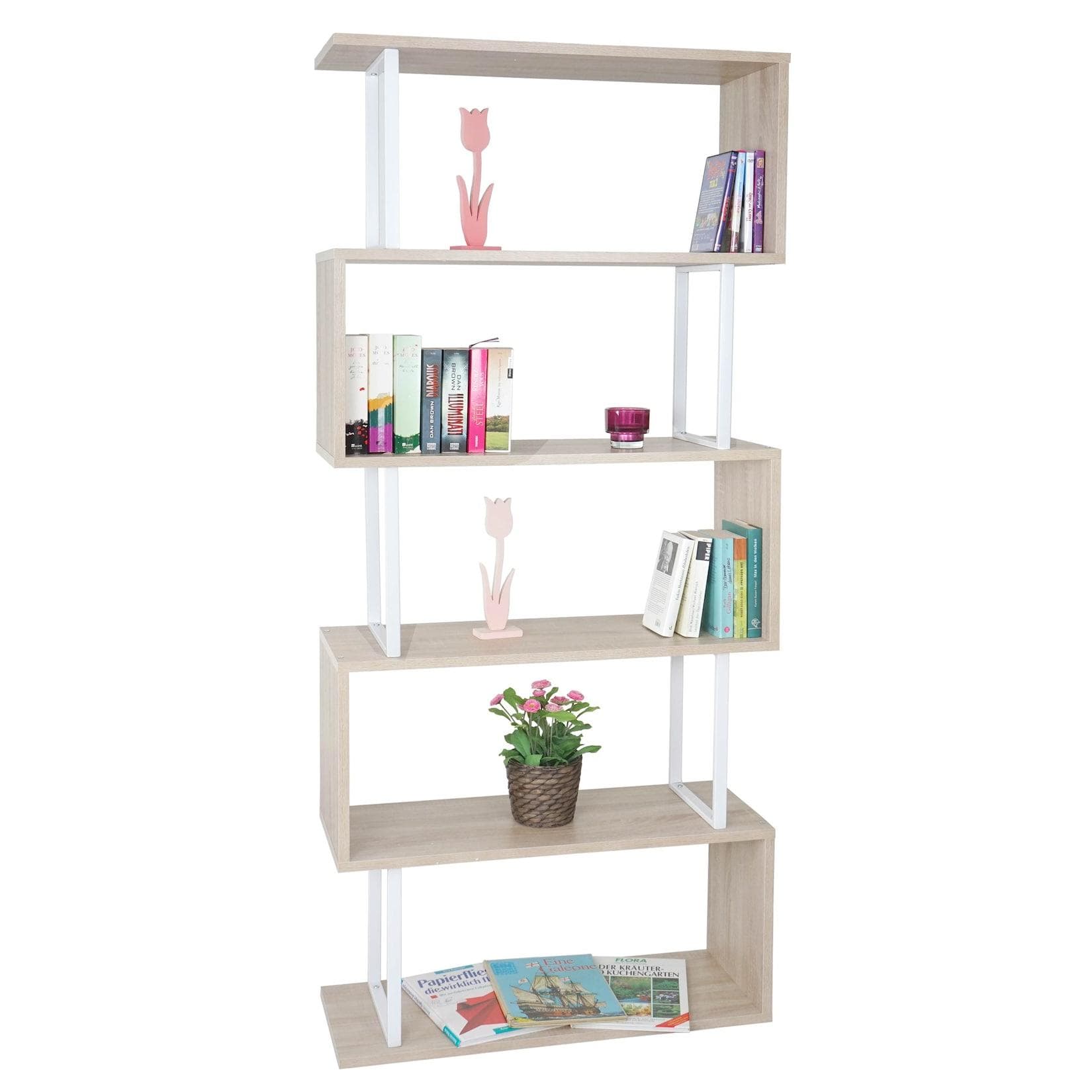 Bücherregal MCW-A27, Standregal Wohnregal 183x80cm Eiche-Optik Metall weiß