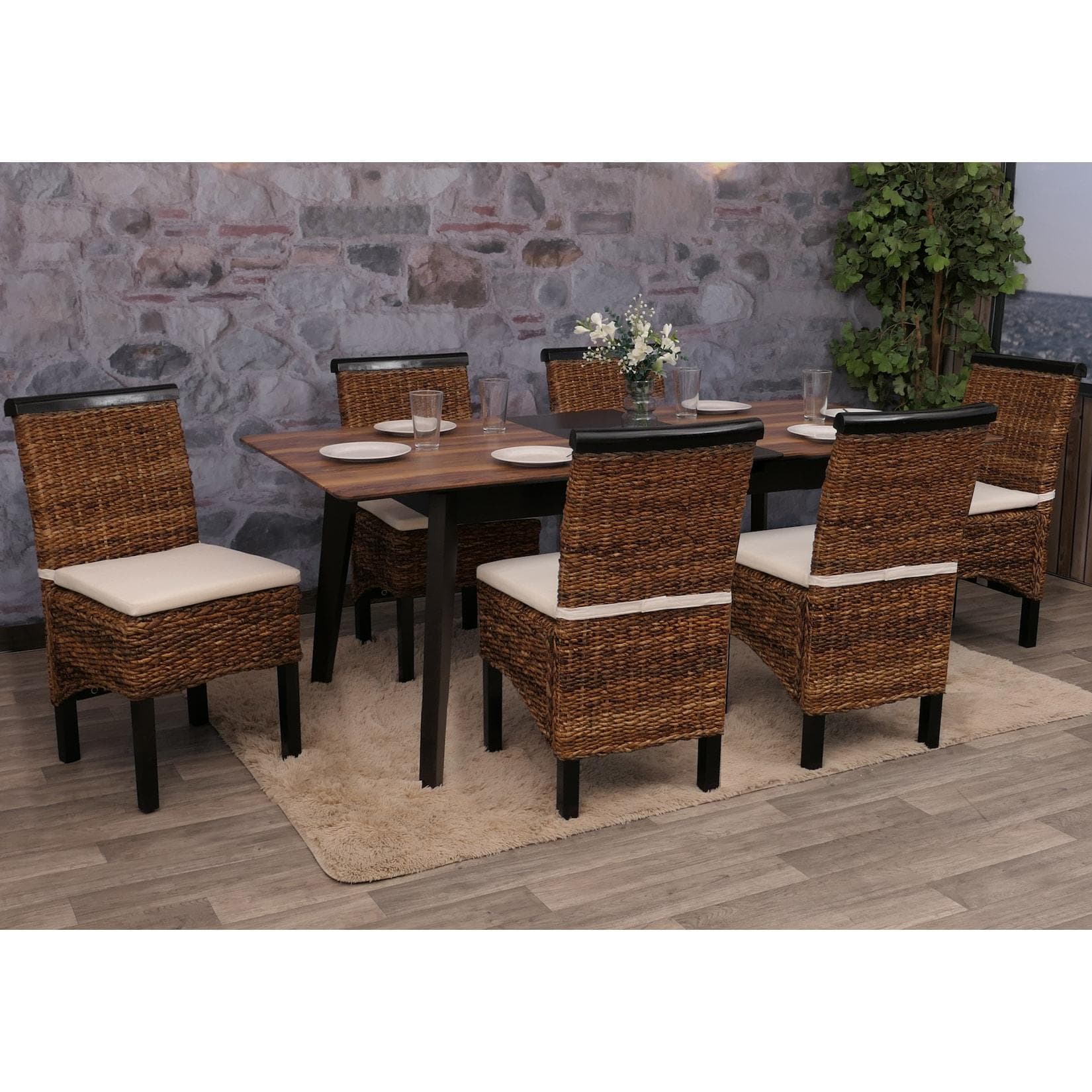 6er-Set Esszimmerstuhl Korbstuhl Acireale Bananengeflecht dunkel mit Kissen