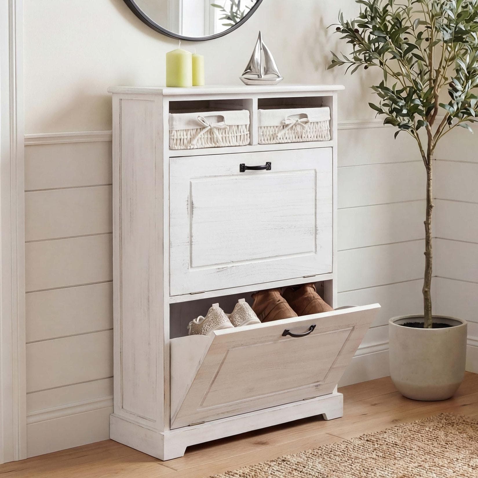 Schuhkipper MCW-H19 Schuhschrank Schuhablage Massivholz Shabby-Look weiß