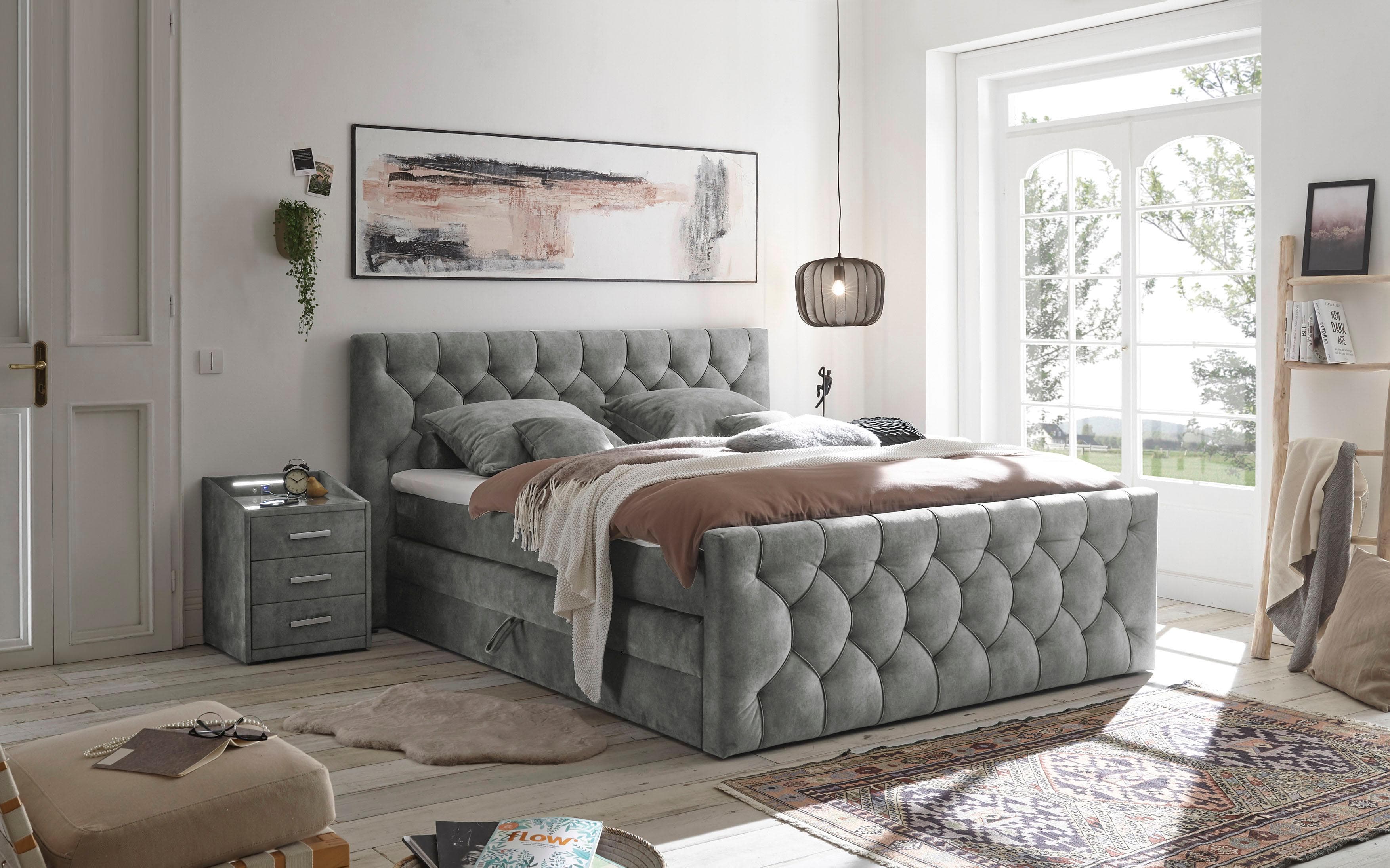 ED EXCITING DESIGN Boxspringbett Cashfield Grau inkl. Bettkästen & Topper