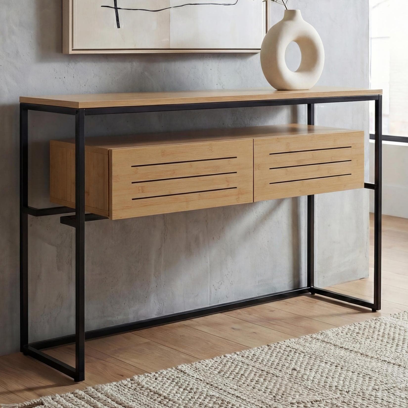 MCW Konsolentisch MCW-P46 Bambus-Optik Mit Eingriff Zum Öffnen Der Schubladen