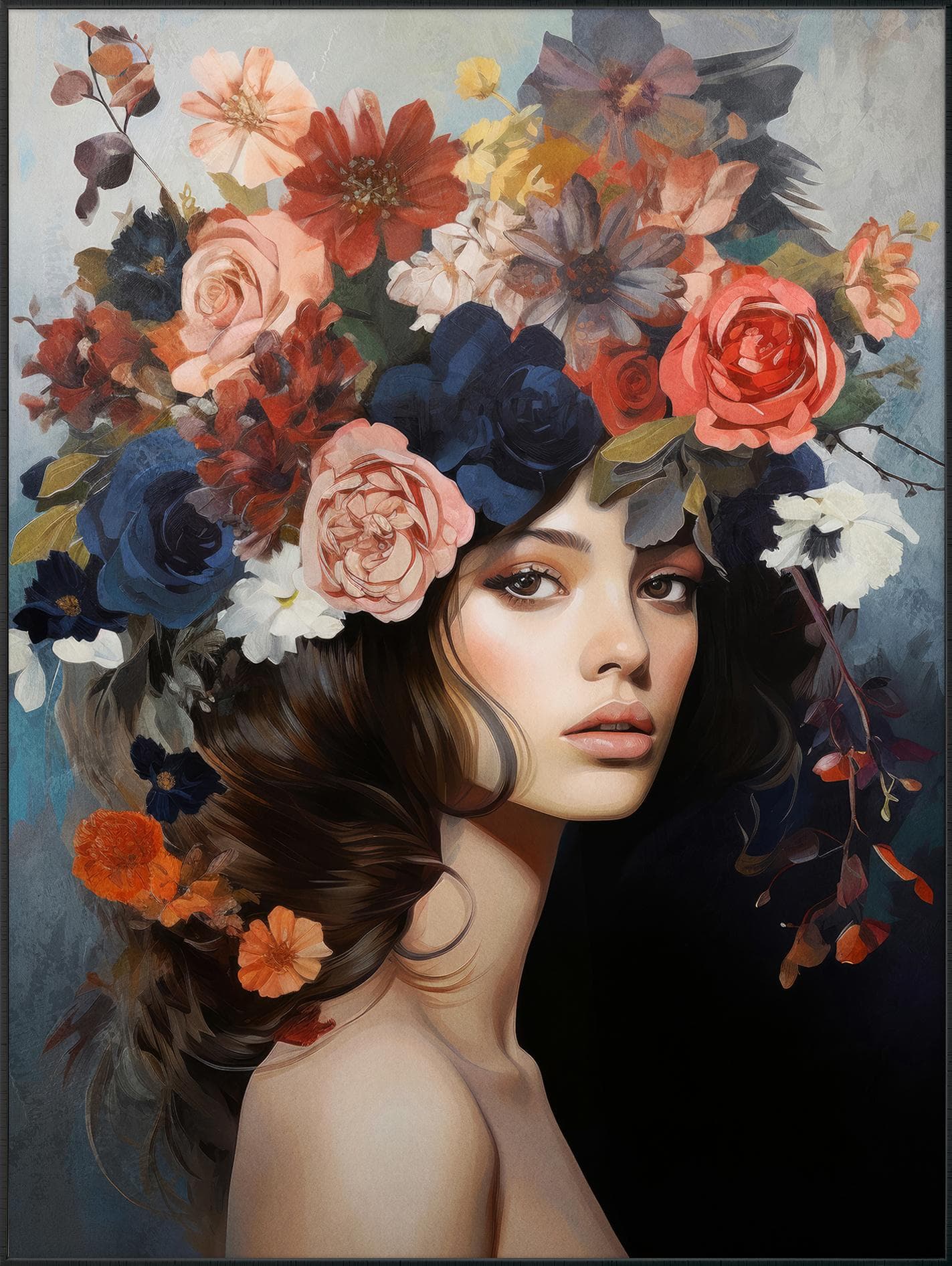 Wholesa Bild Lady mit Blumenschmuck Bunt Gerahmt