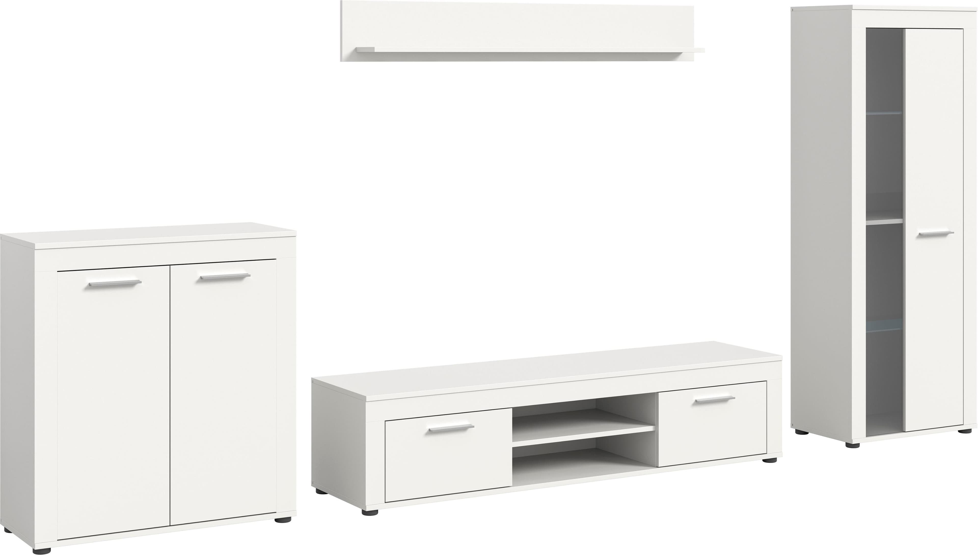Modernes Wohnzimmersystem mit Highboard, Lowboard, Wandboard und Vitrine