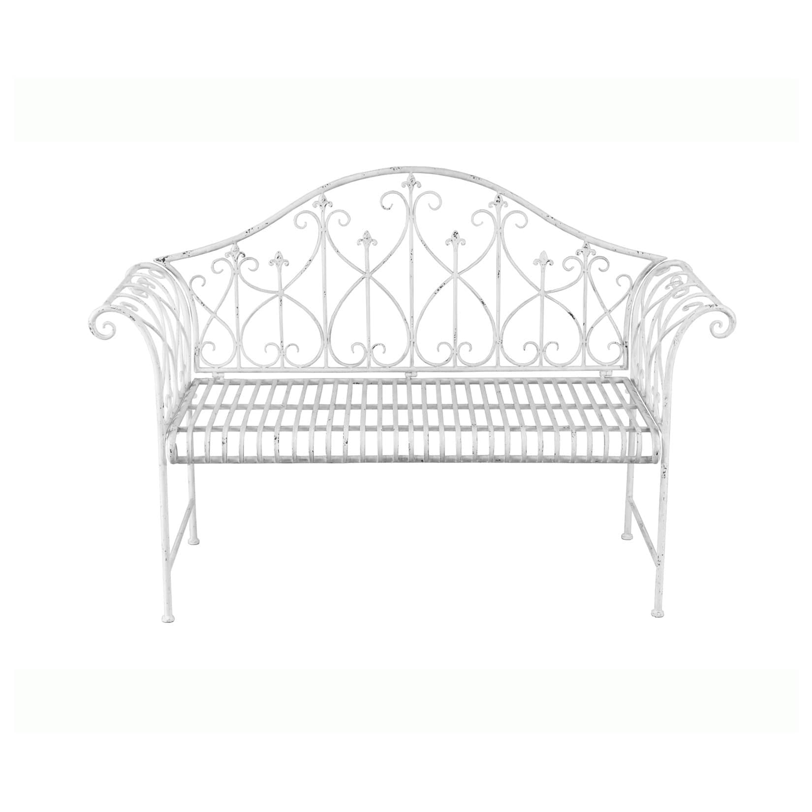 Nostalgische geschwungene Metall-Sitzbank in Weiß