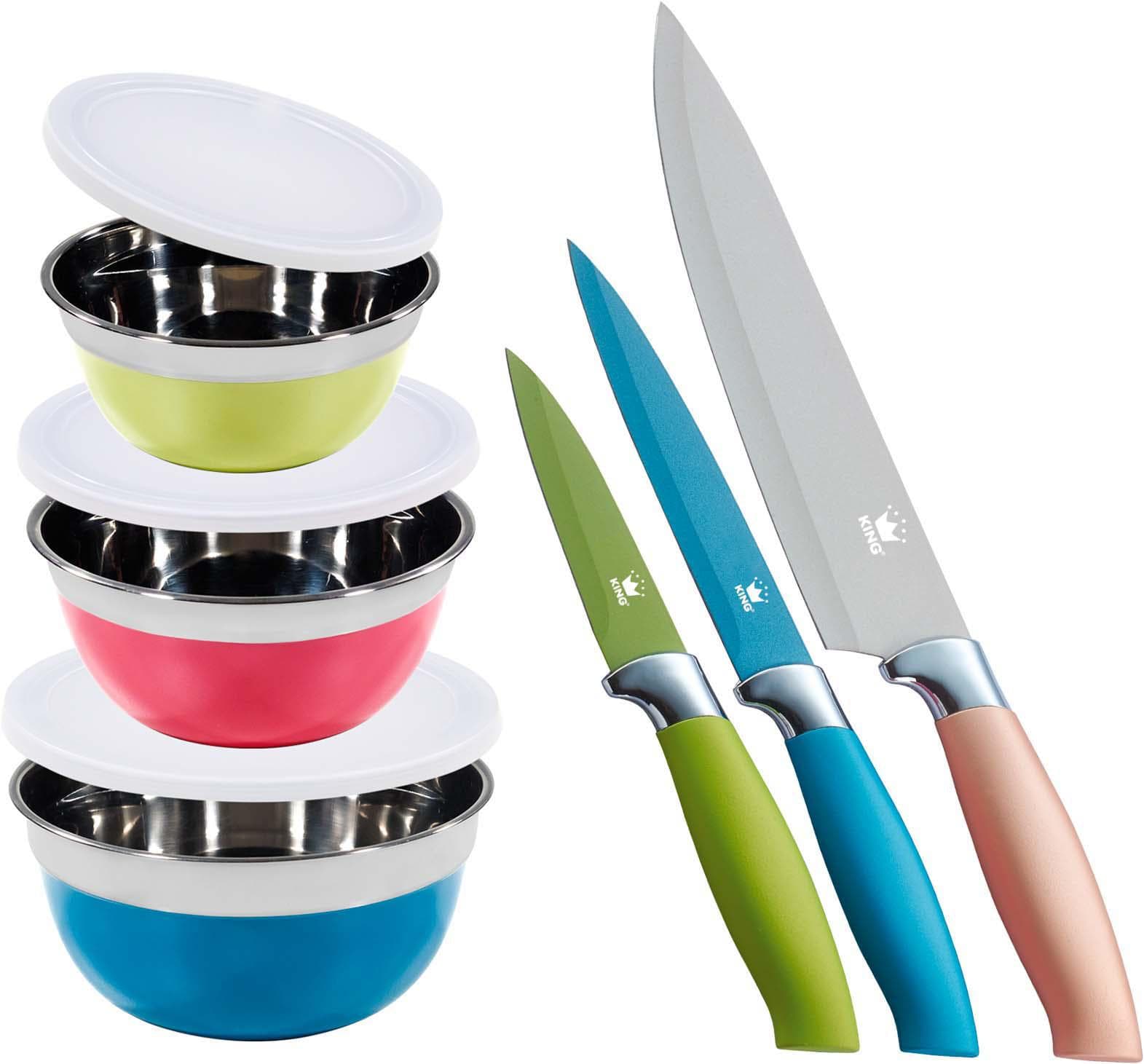 KING AROMI Metallic Messer-Set bunt mit 3tlg. Schüssel-Set Edelstahl