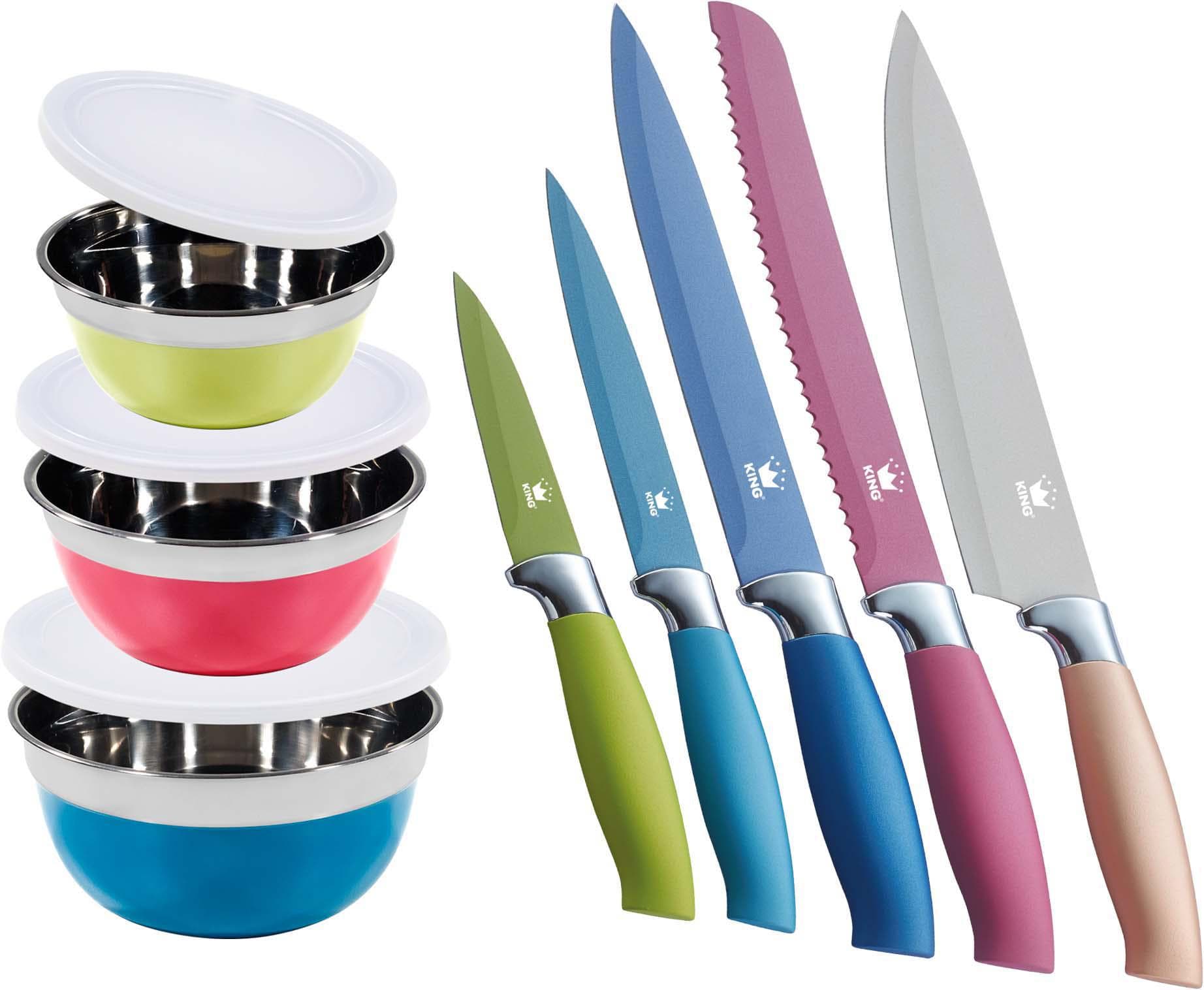 KING AROMI Metallic Messer-Set bunt mit 3tlg. Schüssel-Set Edelstahl