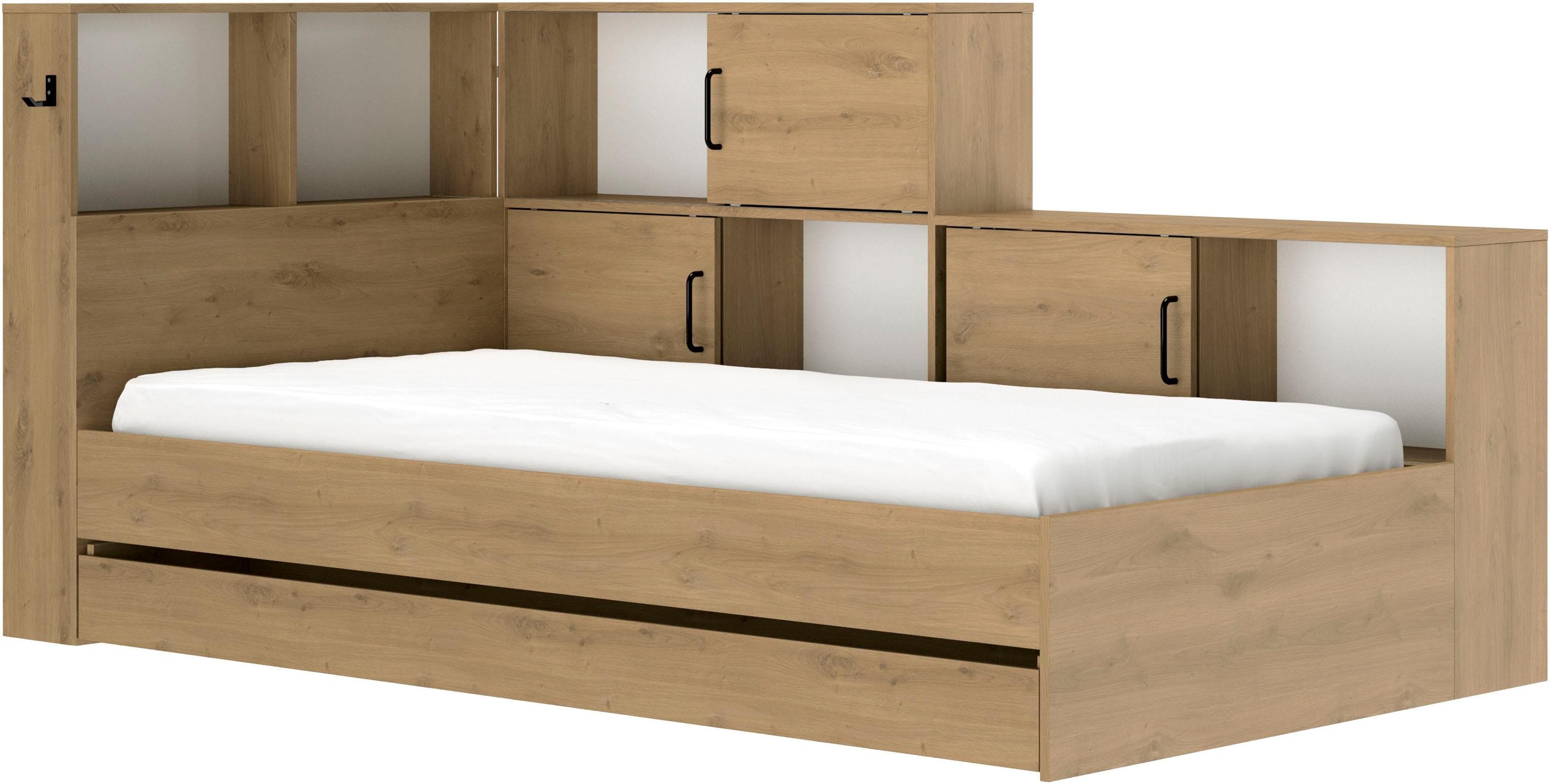 Stauraumbett mit großer Schublade, Regalen und Ablagefächern