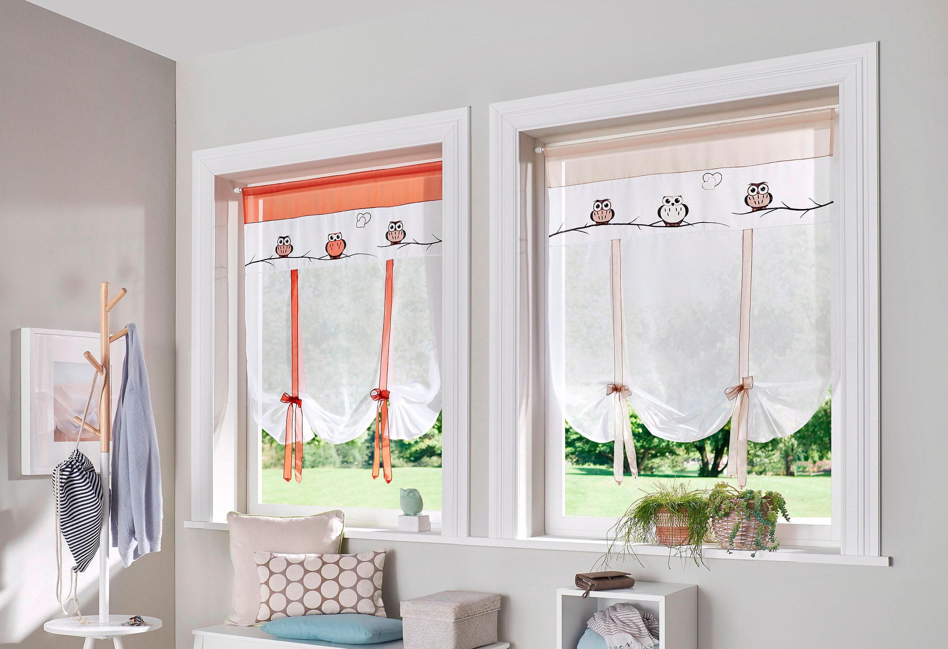 Bindegardine MY HOME Java Gr. 2, beige (weiß, sand), Voile, Polyester, Gardinen, Fertiggardine, transparent, mit bestickten Eulen