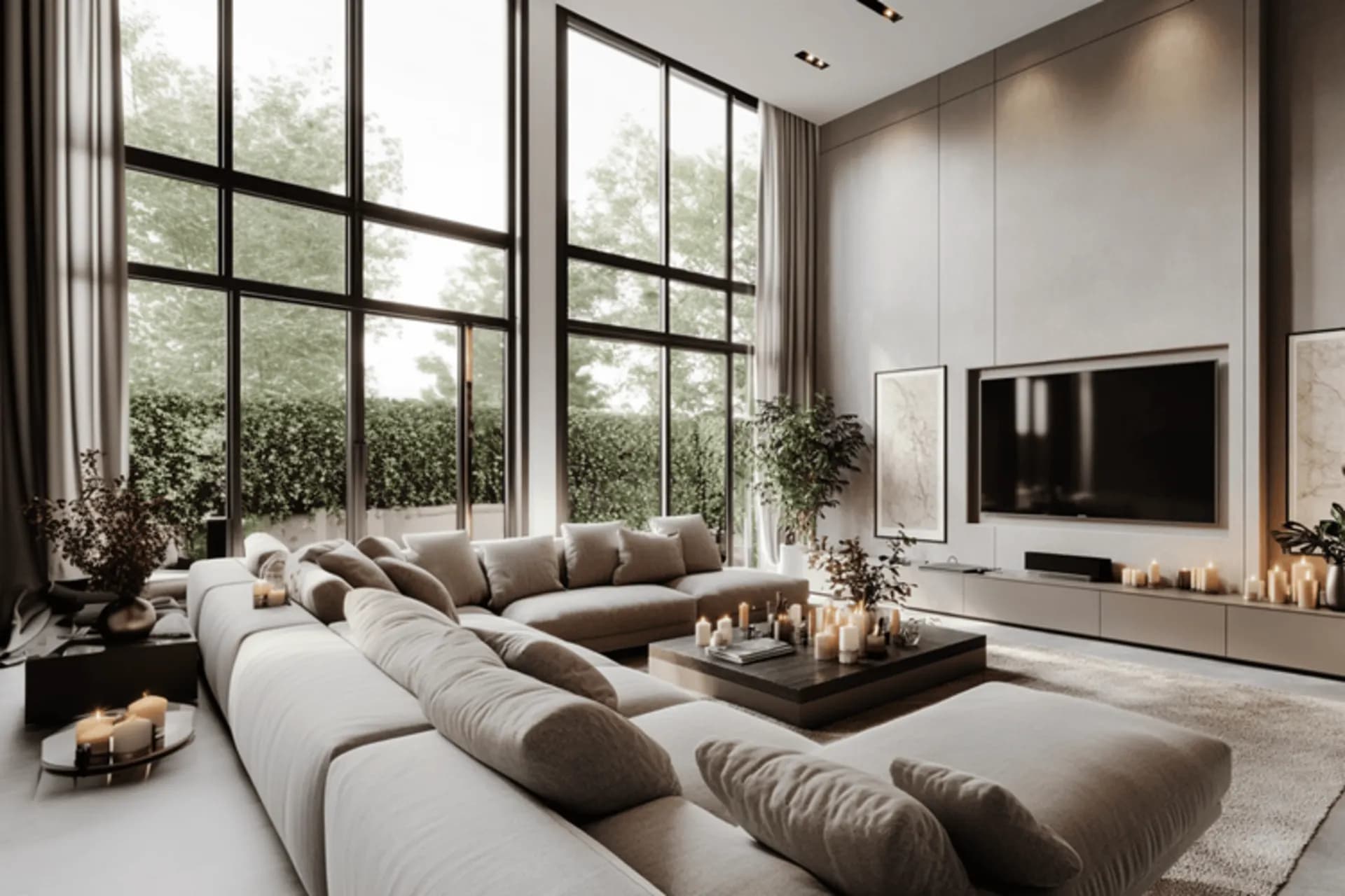 Modernes, helles Wohnzimmer mit Sofa und Esstisch vor großer Fensterfront